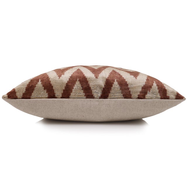 The Rust & Cream Chevron Ikat Silk Velvet Pillow - 20" X 20" For Sale - Image 4 of 8