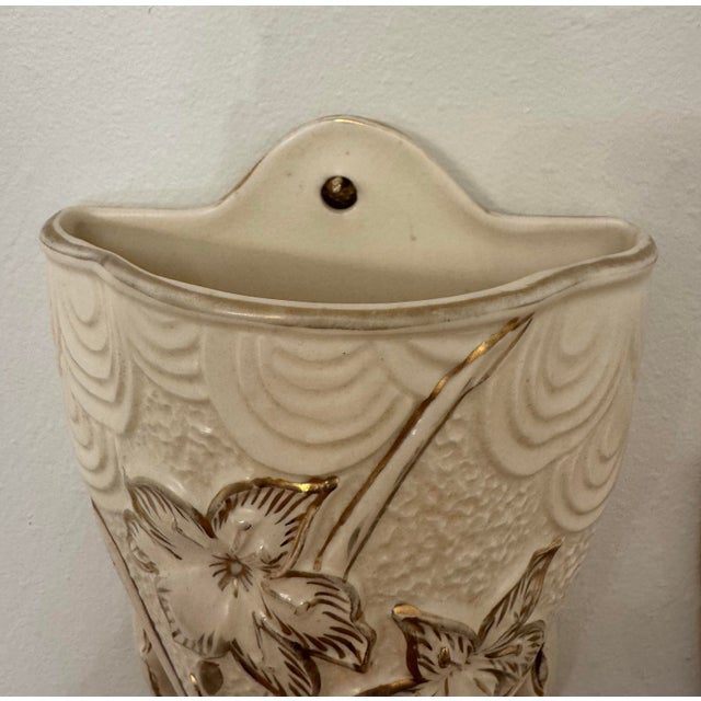 Wood 1930's Vintage Art Deco English Pottery Arthur Wood Floral Cream & Gold Wall Pockets, a Pair For Sale - Image 7 of 12