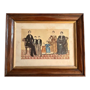 Vintage Framed Folk Art Print Family Group Lithograph Artist Unknown