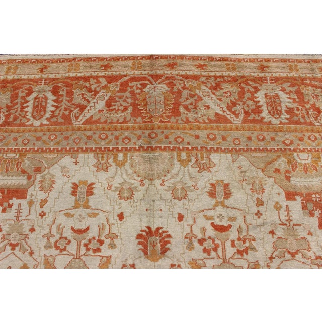 Antique Turkish Floral Oushak Rug in Cream, Rust Red, Orange and Green For Sale In Atlanta - Image 6 of 12