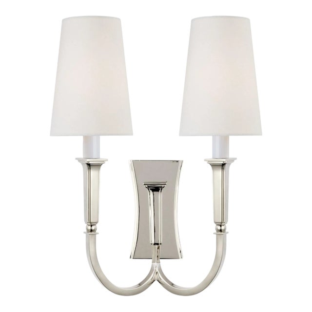 Thomas O'Brien for Visual Comfort Signature Delphia Large Double Arm Sconce in Polished Nickel with Linen Shade For Sale