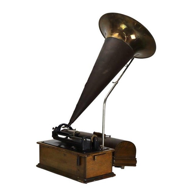 Antique Edison Home Oak Phonograph With Metal Horn Signed C1900 For Sale - Image 10 of 14