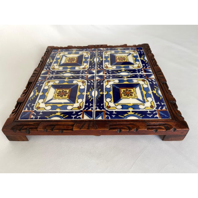 Blue 1950s Mexican Hand Carved Wood Frame Base Tile Trivet For Sale - Image 8 of 9