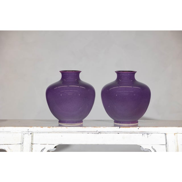 Contemporary Pair of Purple Ceramic Vases with Glossy Finish and Rounded Bellies For Sale - Image 3 of 12