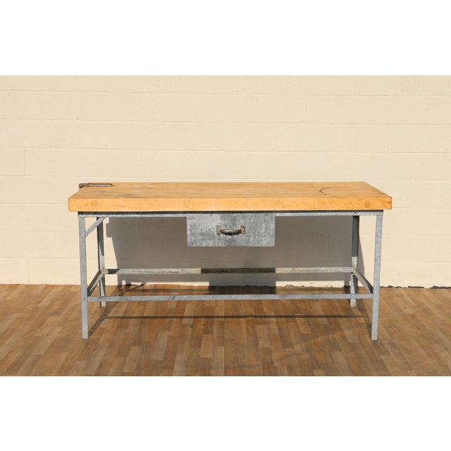 1950s Industrial Butcher Block Workstation Table With Steel Frame, Drawer & Removable Galvanized Trays For Sale - Image 18 of 18