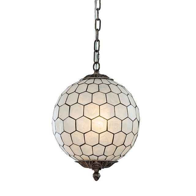 Brass Vintage Aloadecor 1-Light 12'' Brass French Vintage Cosatal Glam Chandelier With Natural Capiz Shell Globe Lantern Hanging Light For Sale - Image 8 of 8