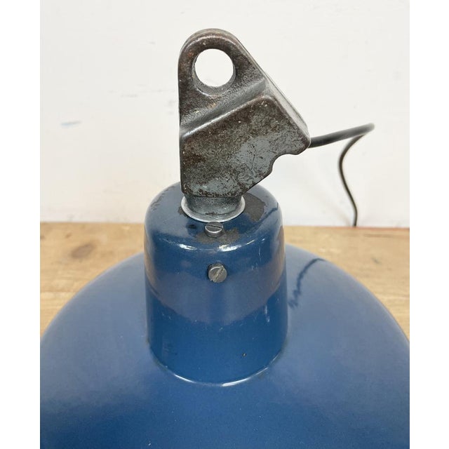 Industrial Blue Enamel Factory Lamp with Cast Iron Top, 1960s For Sale - Image 11 of 14
