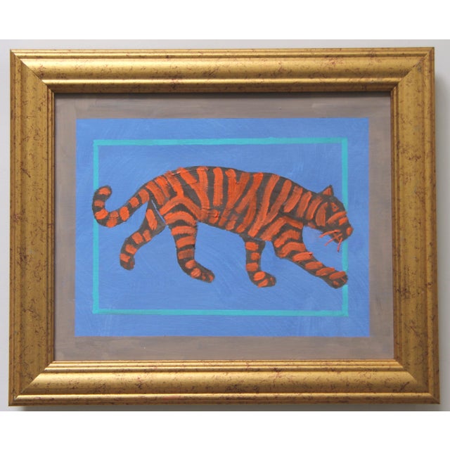 2020s Leopard Minimalism Folk Art Abstract Aqua Sepia Beige Original Oil Painting Cleo Plowden For Sale - Image 5 of 5