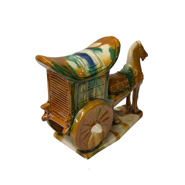 Oriental Tri-Color Green White Yellow Ceramic Horse Cart Art Figure For Sale - Image 10 of 10