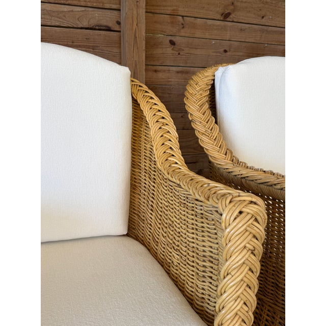 Tan Pair of Vintage Michael Taylor Style Braided Rattan Wicker Lounge Armchairs For Sale - Image 8 of 12