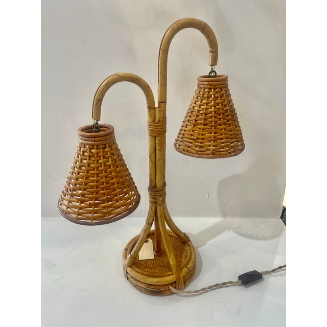 French French Bamboo & Rattan Double Light Table Lamp For Sale - Image 3 of 16