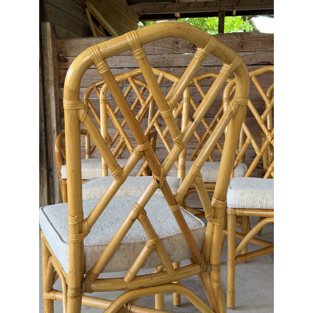 Set of Six Vintage Boho Rattan Dining Chairs With Chippendale Style Lattice Backs For Sale - Image 10 of 12