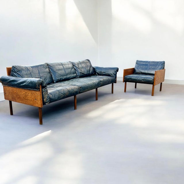Ateljee Sofa and Armchair in Oak and Leather by Yrjö Kukkapuro for Haimi, 1960s, Set of 2 For Sale - Image 12 of 12
