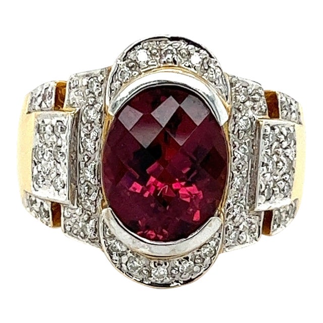 Vintage Retro Regal Style 5 Carat Red Tourmaline & Diamond Ring in 18K Gold, Size 8 For Sale