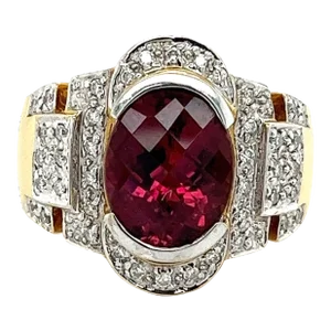 Vintage Retro Regal Style 5 Carat Red Tourmaline & Diamond Ring in 18K Gold, Size 8