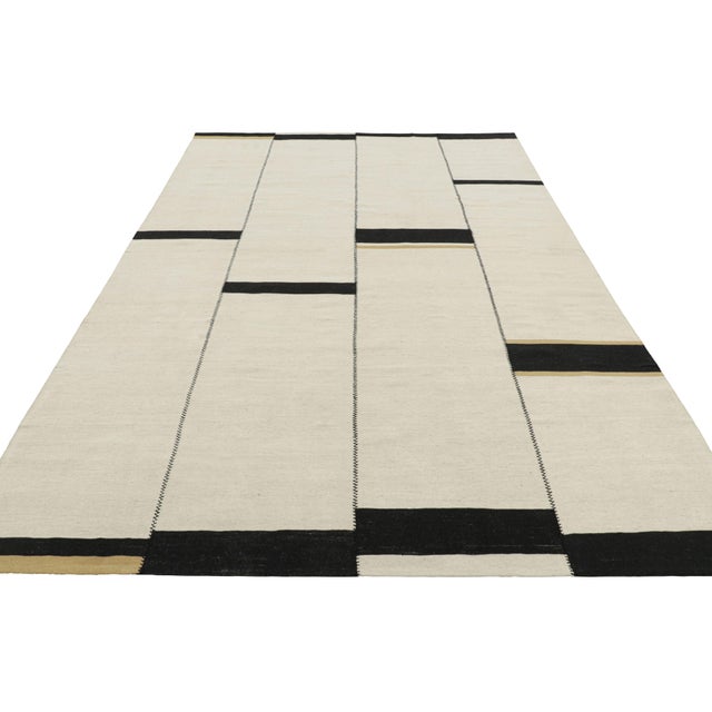 2010s Rug & Kilim’s Contemporary Kilim, Textural White and Black Stripes, Gold Accents For Sale - Image 5 of 7