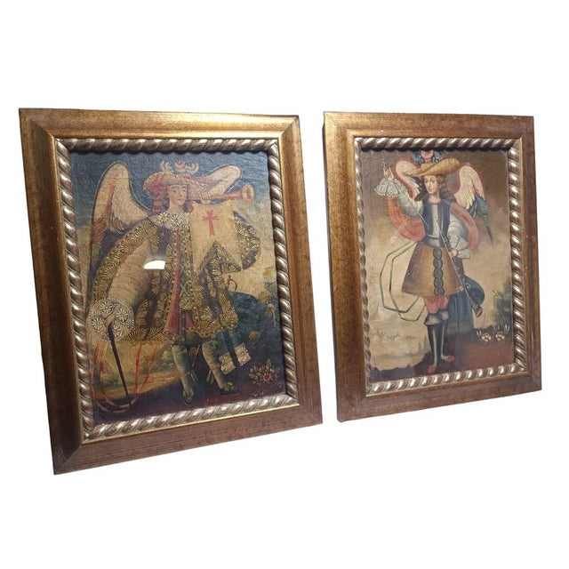 Harquebusier Angels, 1960s, Oil on Canvas Paintings, Framed, Set of 2 For Sale - Image 6 of 7