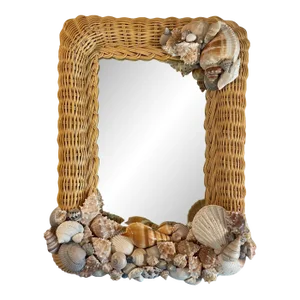1980s Vintage Small Wicker Mirror With Seashell Embellishments