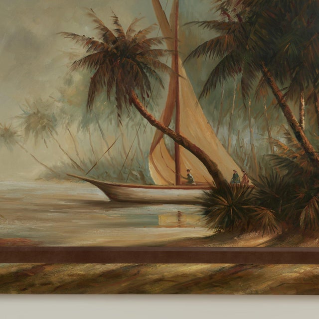 Large Tropical Painting of a Boat With Palm Trees For Sale - Image 9 of 13