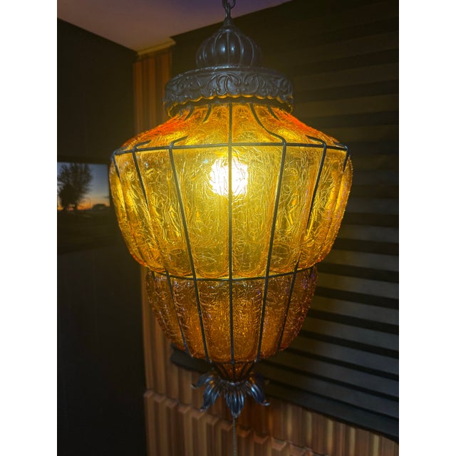Vintage Amber Textured Glass Swag Pendant Lamp With Decorative Metal Cage, Newly Rewired For Sale In Buffalo - Image 6 of 8
