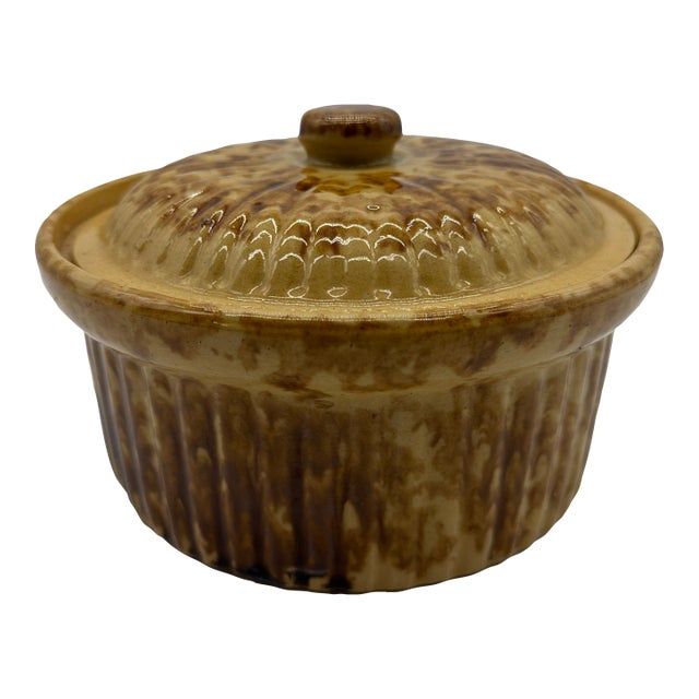 Antique Brown Sponge Decorated Yellow Ware Cake Crock With a Lid, 1880’s For Sale