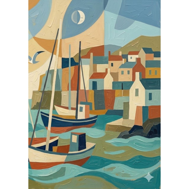 Colorful Harbor Boats Painting, Coastal Abstract Art Print, 36″ × 24″ For Sale In Buffalo - Image 6 of 7