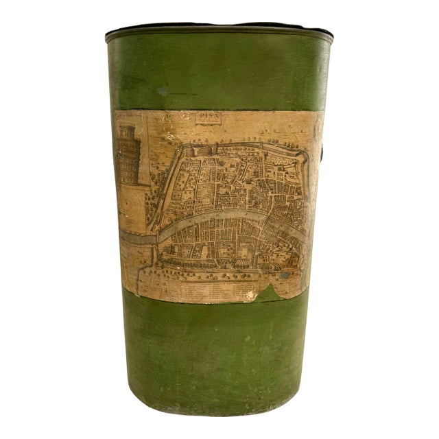 Vintage Green Toleware Metal Waste Bin With Hinged Lid and Pisa Map Design For Sale