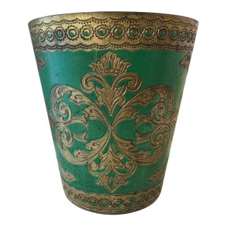1960s Vintage Green & Gold Italian Florentine Waste Basket For Sale