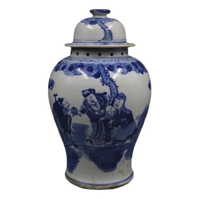 Antique Chinese Ceramic Pot China Blue Ground Famille Rose Porcelain Ginger Jar Hand Painted Figures Pattern For Sale