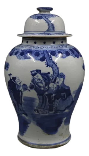 Antique Chinese Ceramic Pot China Blue Ground Famille Rose Porcelain Ginger Jar Hand Painted Figures Pattern