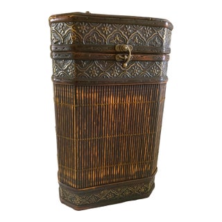 Mid 20th Century Vintage Rustic Primitive Storage Canister Jars Bamboo Metal With Hinged Lid and Top Handle For Sale