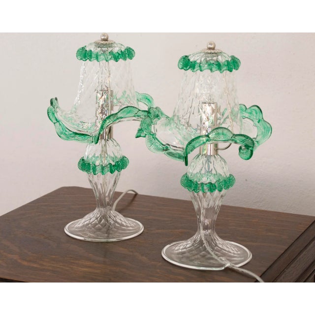 Set of 2 Murano glass table lamps crystal color with green artistic decorations, handmade made in Italy. Require 2 E14...