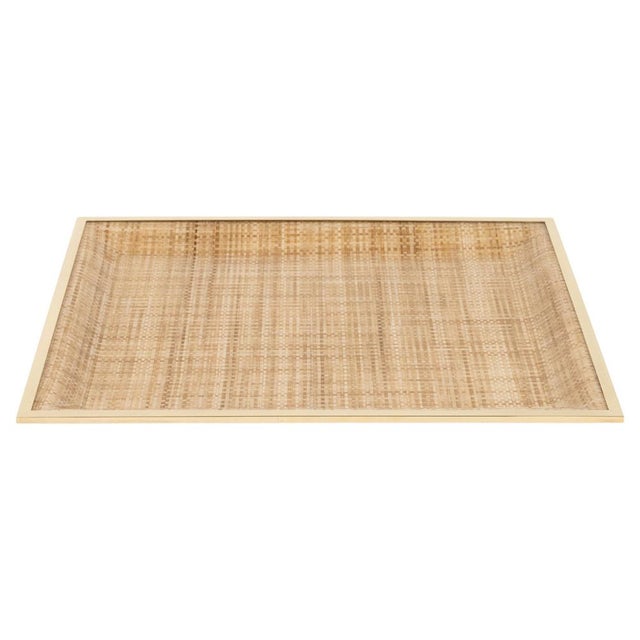 Midcentury wonderful rectangular serving tray in lucite, wicker and brass in the style of Christian Dior Home. Made in...