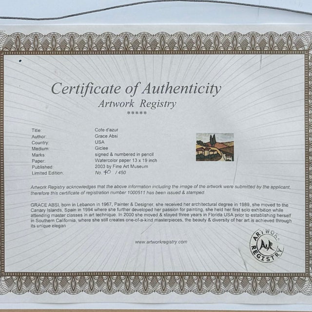 Late 20th Century Grace Absi Côte D’Azur Vintage Giclee, Signed & Framed Limited Edition Art W/ Coa For Sale - Image 9 of 9