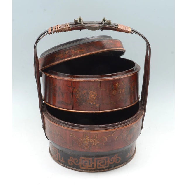 Wood Large Antique Chinese Tiered Storage Box or Basket, Sewing Box, Hand Decorated & Signed With Auspicious Objects For Sale - Image 7 of 12
