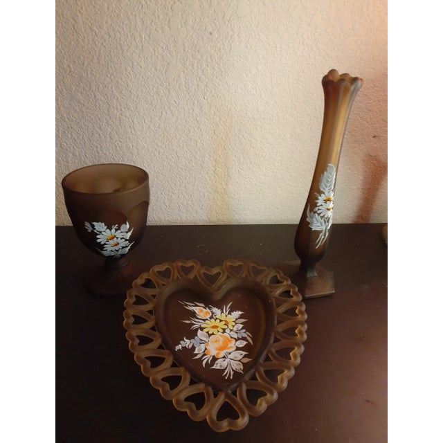 Contemporary 1970s Westmoreland Frosted Brown Satin Hand Painted Glass Set - 3 Pieces For Sale - Image 3 of 7