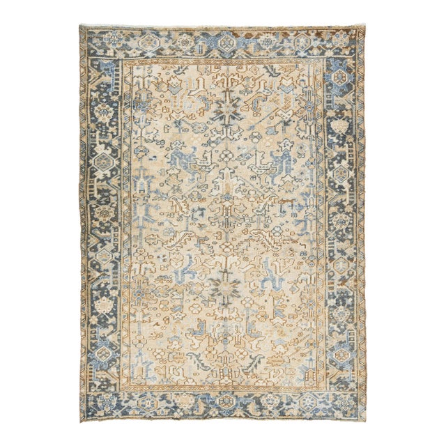 Antique Allover Persian Heriz Wool Rug in Beige and Blue For Sale