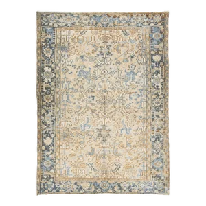 Antique Allover Persian Heriz Wool Rug in Beige and Blue