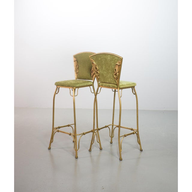 1970s Gilded Cobra Bar Stools with Lime Green Velvet Upholstery, 1970s, Set of 2 For Sale - Image 5 of 6