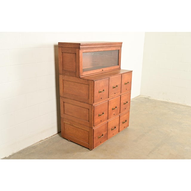 Globe Wernicke Antique Mission Oak Arts & Crafts 9-Drawer File Cabinet With Barrister Bookcase, Circa 1900 For Sale - Image 4 of 17