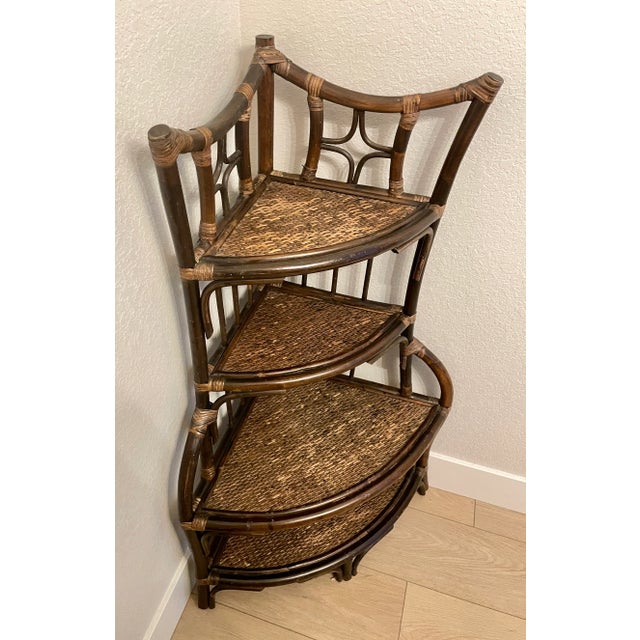 Shabby Chic Vintage Boho Rattan Bamboo Corner Shelving Unit For Sale - Image 3 of 9