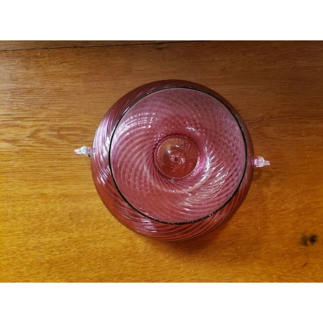 1960s Circa 1960 Italian MCM Murano Cranberry Glass Optic Swirl Pattern Footed Centerpiece Bowl With Applied Handles/Attributed to Fratelli For Sale - Image 5 of 6