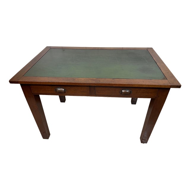 Oak Banker's Desk with Drawers, Leather Insert and Chair, 1955, Set of 2 For Sale