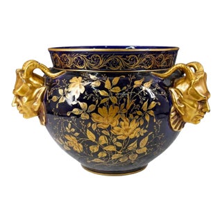 Antique Paris Porcelain Devil Horn Handled Jardiniere Vase For Sale