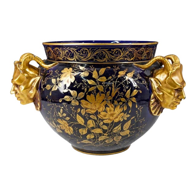 Antique Paris Porcelain Devil Horn Handled Jardiniere Vase For Sale