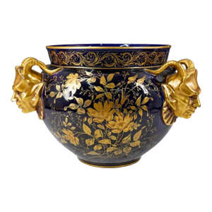 Antique Paris Porcelain Devil Horn Handled Jardiniere Vase