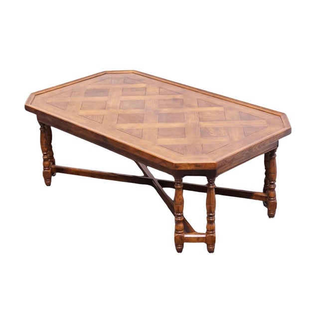 HENREDON FURNITURE Four Centuries Collection Solid Oak Rustic Americana 46" Accent Coffee Table w. Lattice Parquet Top 17"...