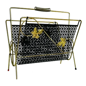 Vintage 1960s Black Mesh & Gold Leaf Handled Magazine Rack