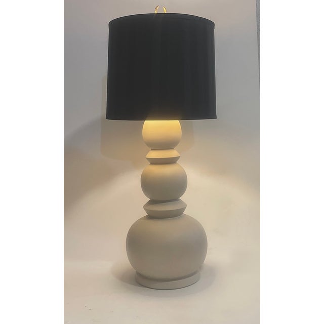 Contemporary 1970s Postmodern Matte Off-White Sculptural Ceramic Table Lamp With Black Striped & Gold Foil Shade For Sale - Image 3 of 9