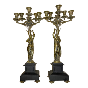 Large Pair Antique 19th Century Jules Salmson Bronze Marble Candelabra Statue